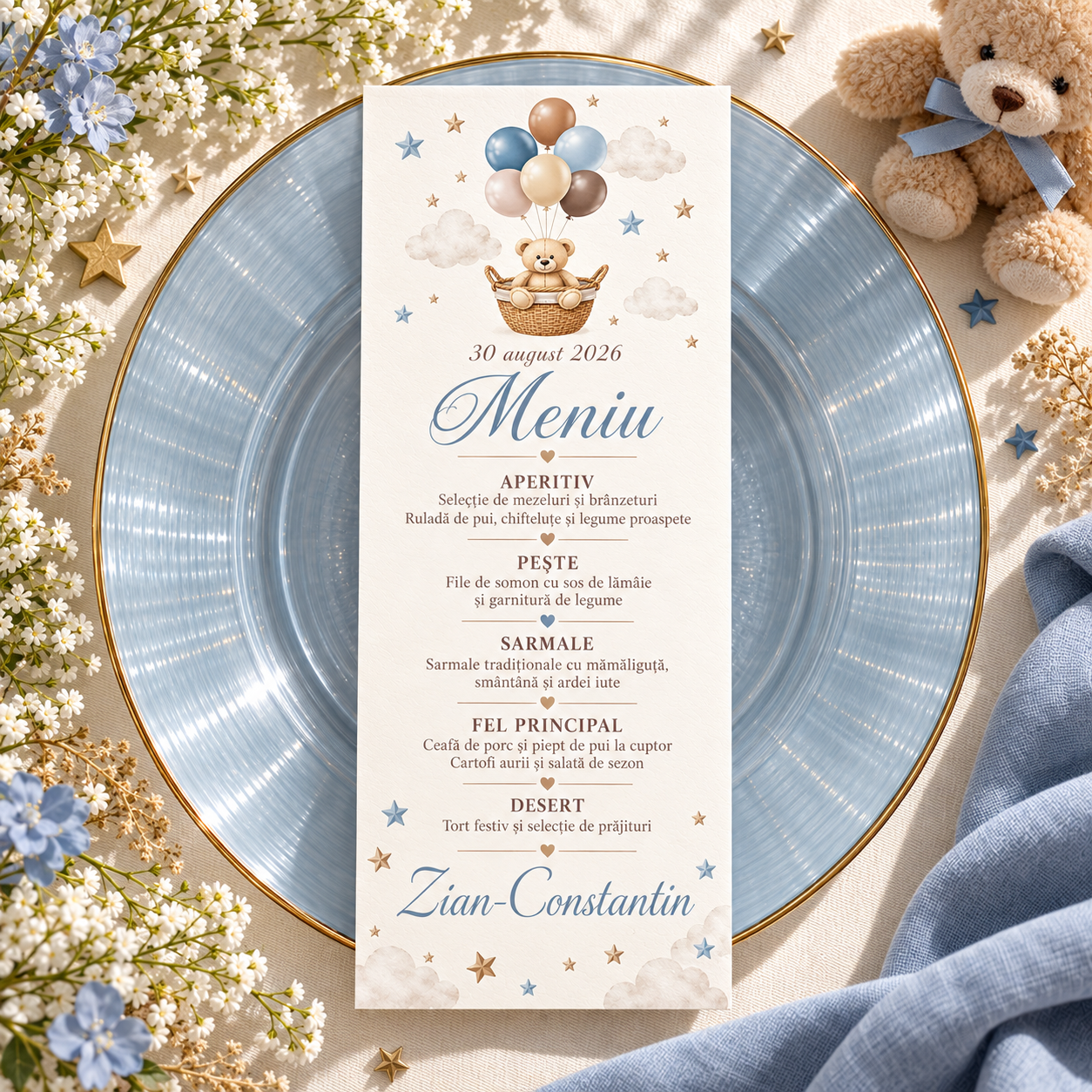 Meniu personalizat de botez Teddy Balloon