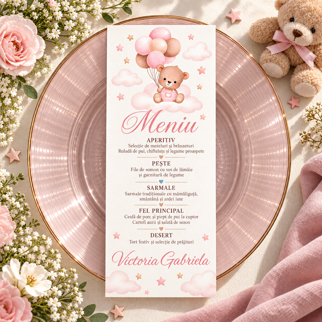 Meniu personalizat de botez Ursulet cu Baloane