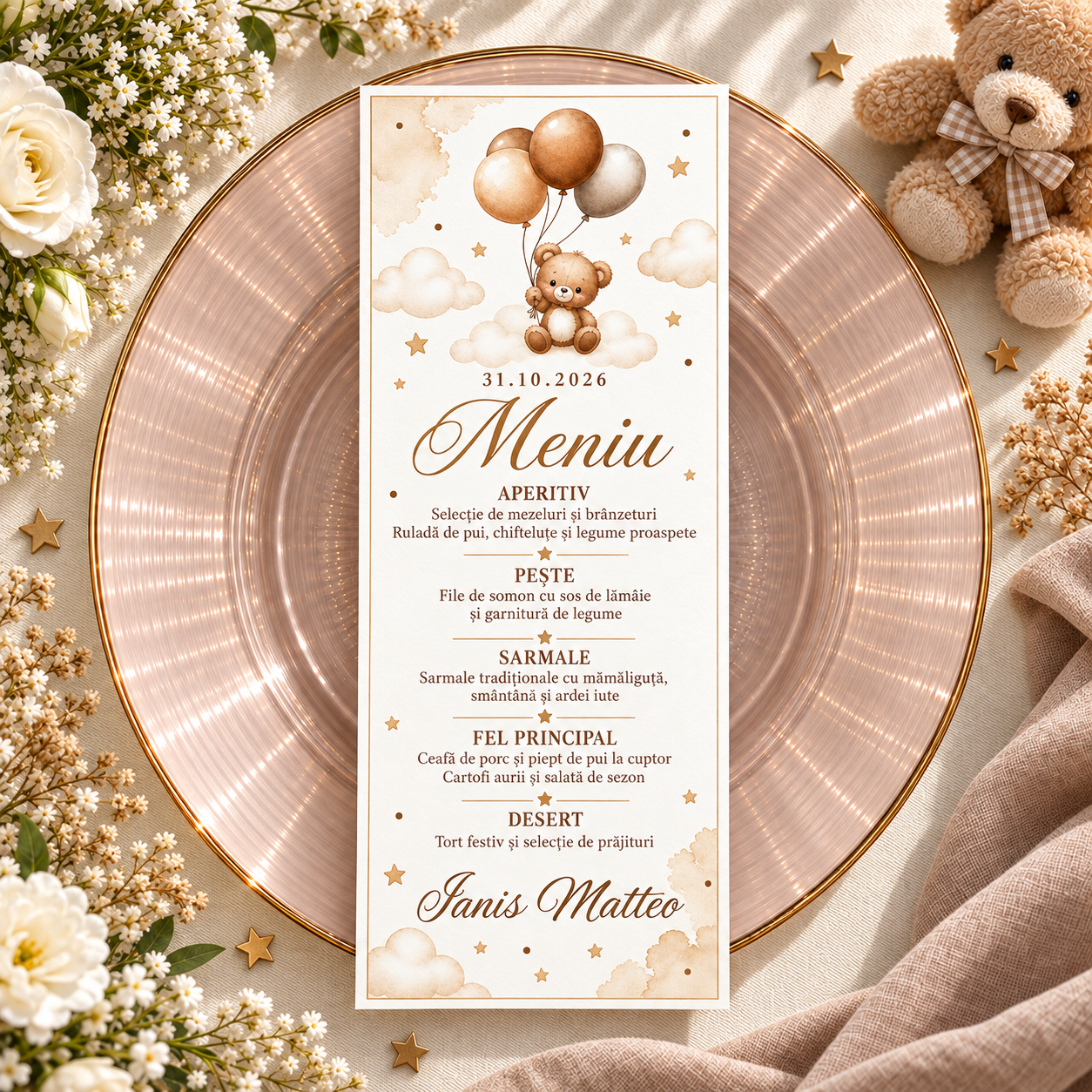Meniu personalizat de botez Soft Teddy bear