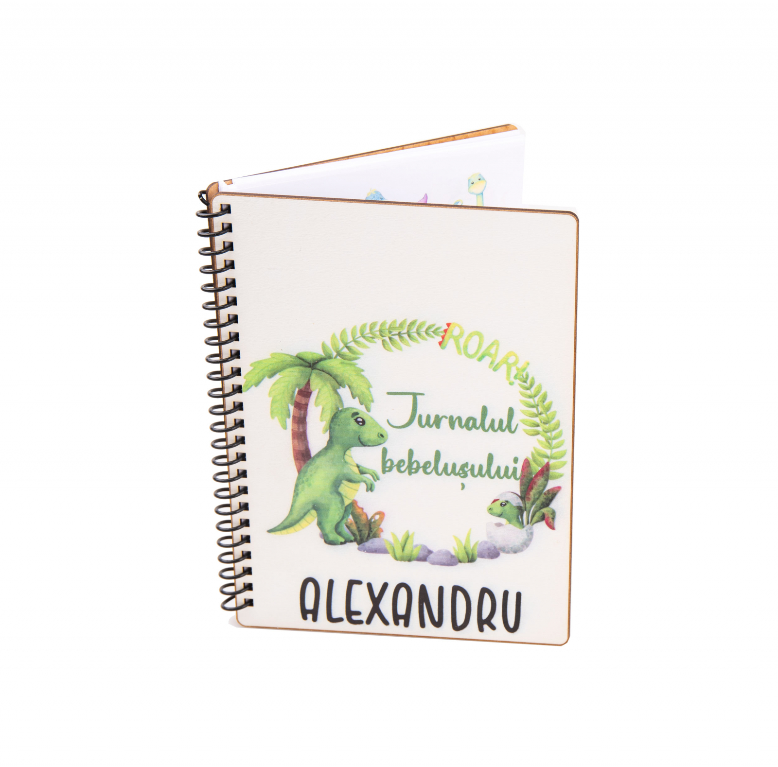 Agenda personalizata din lemn tip planner Jurnalul bebelusului model dinozaur color