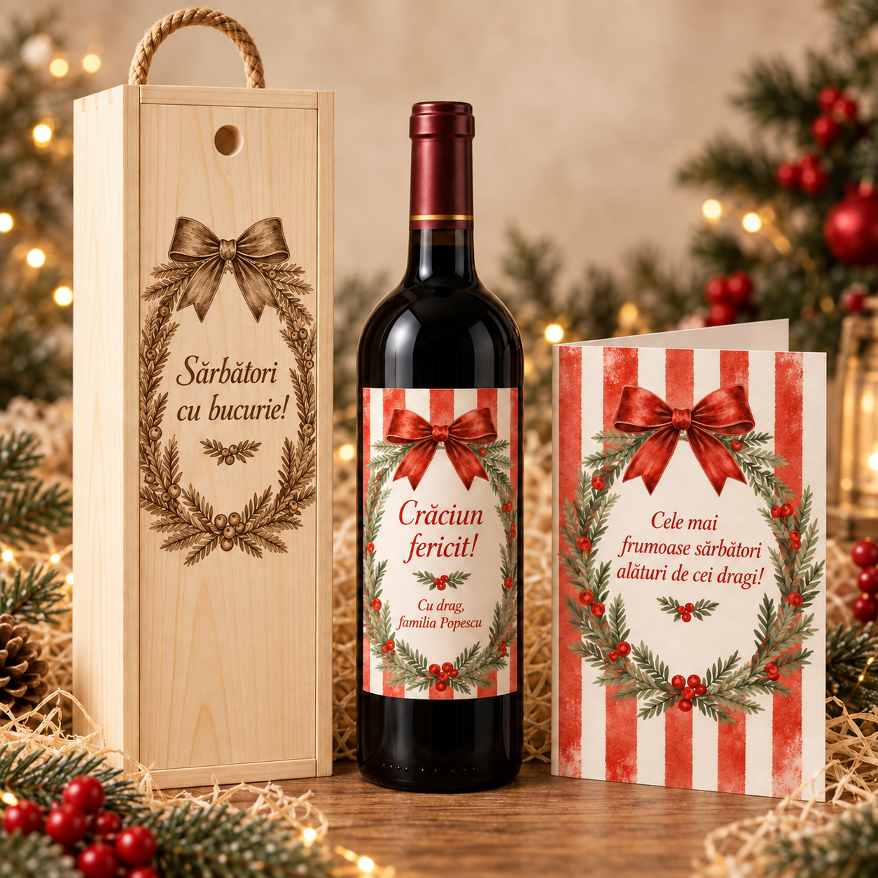Set Cadou de Craciun cu Vin, Cutie din Lemn si Felicitare