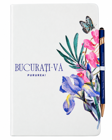 Noutati - Agenda format A5 cu pix personalizata "Bucurati-va pururea!"
