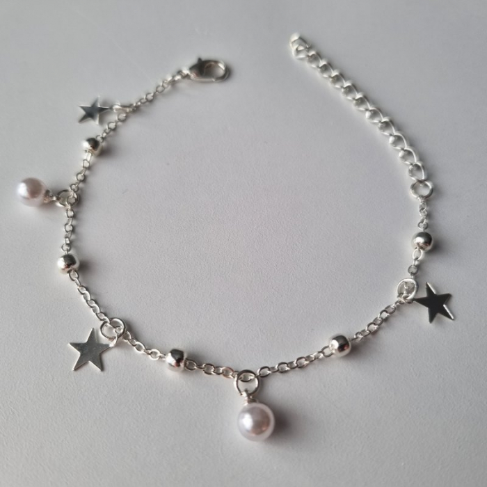 Brățară metalică argintie, 22cm cu charm steluta si perle [2]