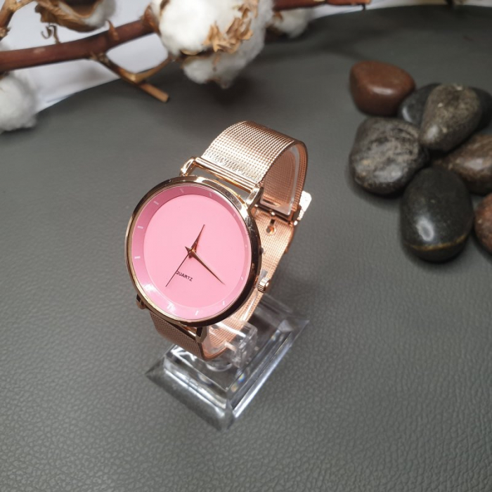 Ceas dama ieftin elegant, curea aurie metalica, cadran roz [5]
