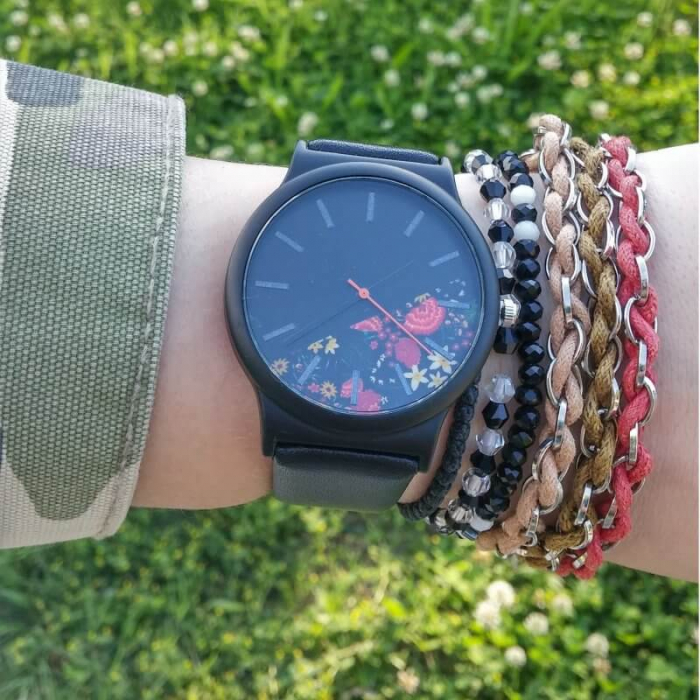 Ceas de dama negru elegant cadran cu flori, mecanism quartz [3]