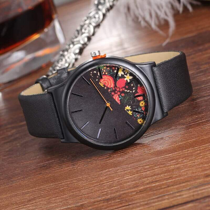 Ceas de dama negru elegant cadran cu flori, mecanism quartz [5]