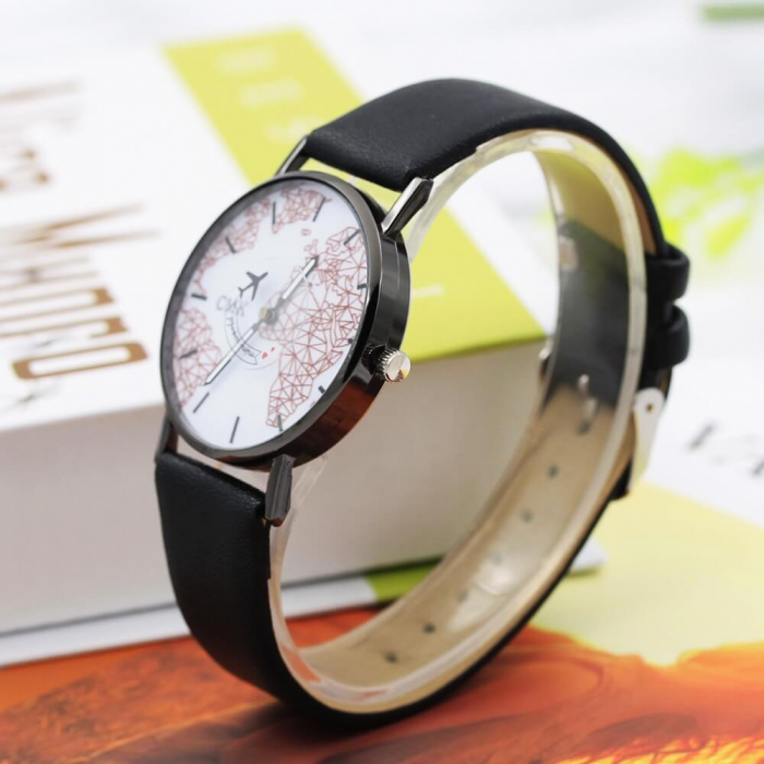 Ceas cu harta lumii si secundar avion, cadran alb [6]