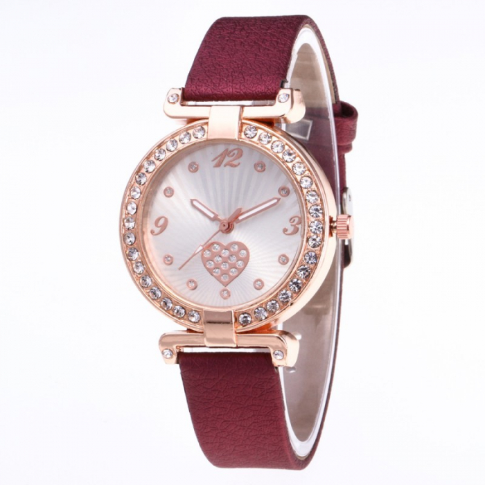 ceas dama cu inima decorat cu pietricele si curea bordo din piele [5]