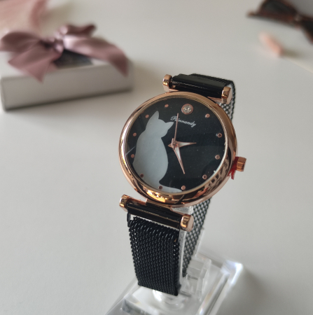 Ceasuri dama cu curea din piele - ceas cu pisica si curea din piele ecologica