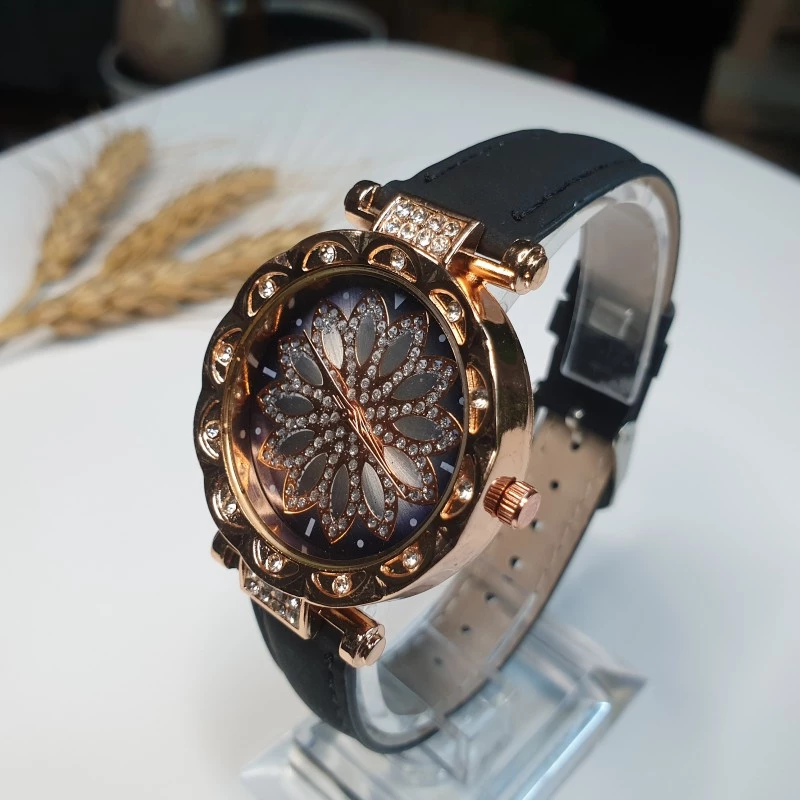 ceas dama cu cristale si flori pe cadran, curea piele ecologica [2]