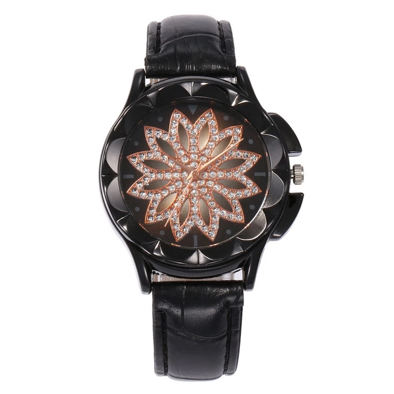 Ceasuri negre dama - ceas dama geneva elegant, ieftin cu floare pe cadran si pietricele