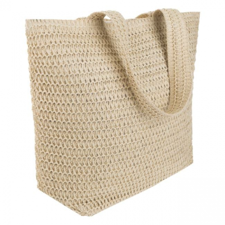 Home & Deco - Geanta de plaja bej din hartie, inchidere cu fermoar si manere de 26cm