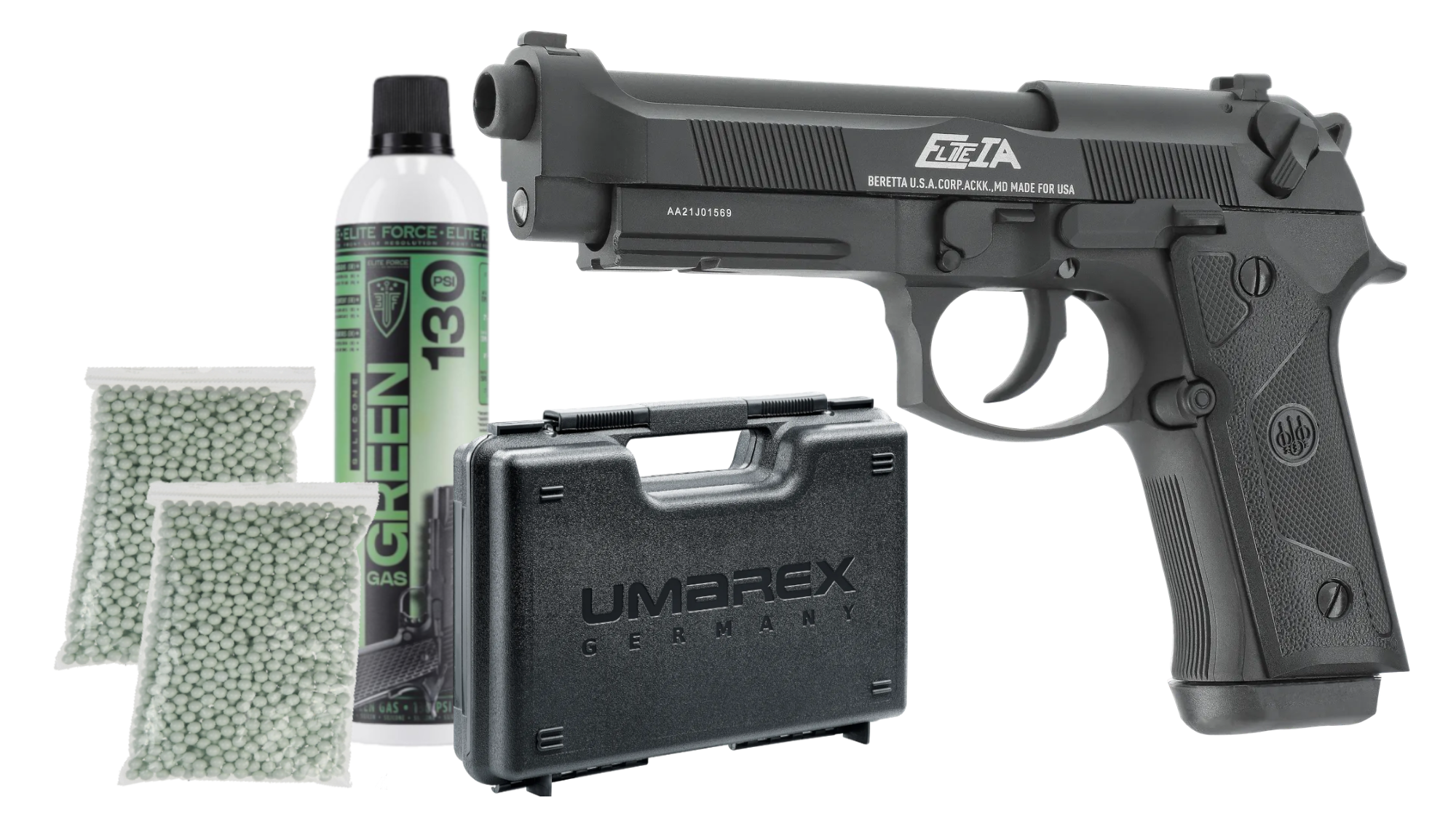 Pistoale cu Recul ( Green Gas ) - Set complet pistol airsoft Beretta Elite IA Full Metal BlowBack GreenGas + 1000 bile + Tub GreenGas + cutie de transport