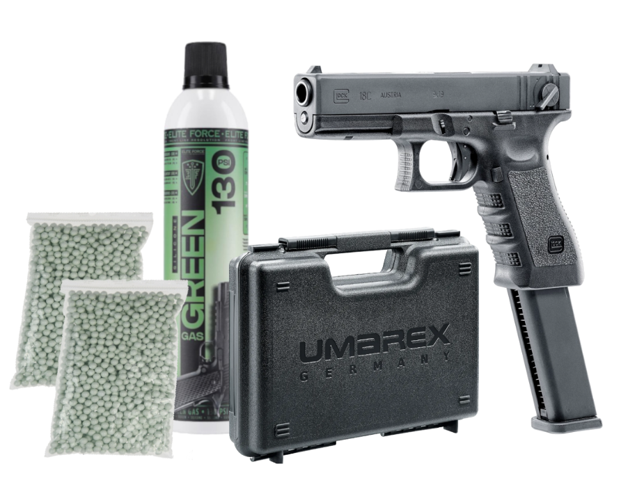 Pistoale cu Recul ( Green Gas ) - Set pistol Glock 18C Full-Auto GreenGas + 1000 bile + Tub GreenGas + cutie de transport