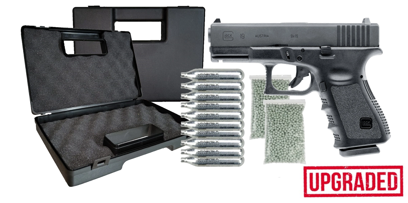 Pistoale fara Recul ( CO2 ) - Pistol Airsoft CO2 Glock 19 Upgraded 3J + cutie transport + co2 si bile cadou