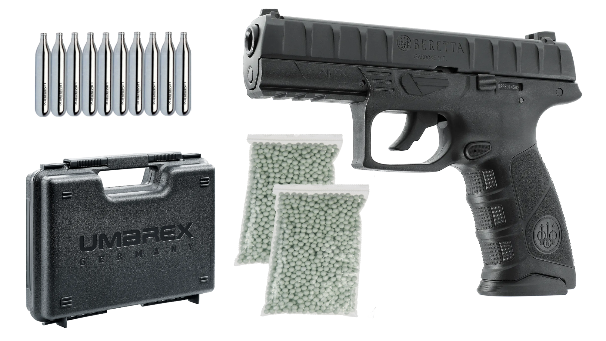 Pistoale cu Recul ( CO2 ) - Set complet Beretta APX CO2 BlowBack + 1000 bile + 10 capsule CO2 + Cutie de transport