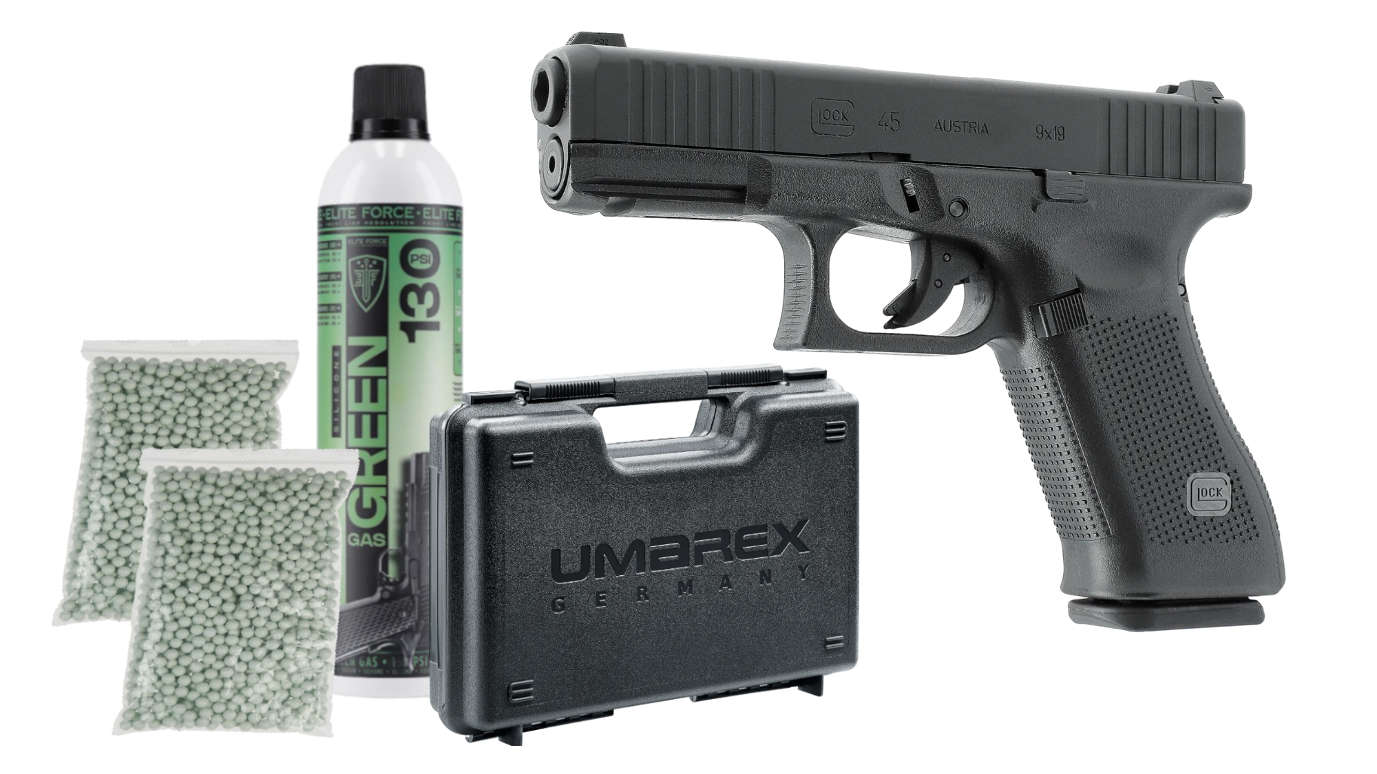 Pistoale cu Recul ( Green Gas ) - Set Pistol GLOCK 45 BlowBack GreenGas + 1000 bile + 1 tub GreenGas + cutie de transport