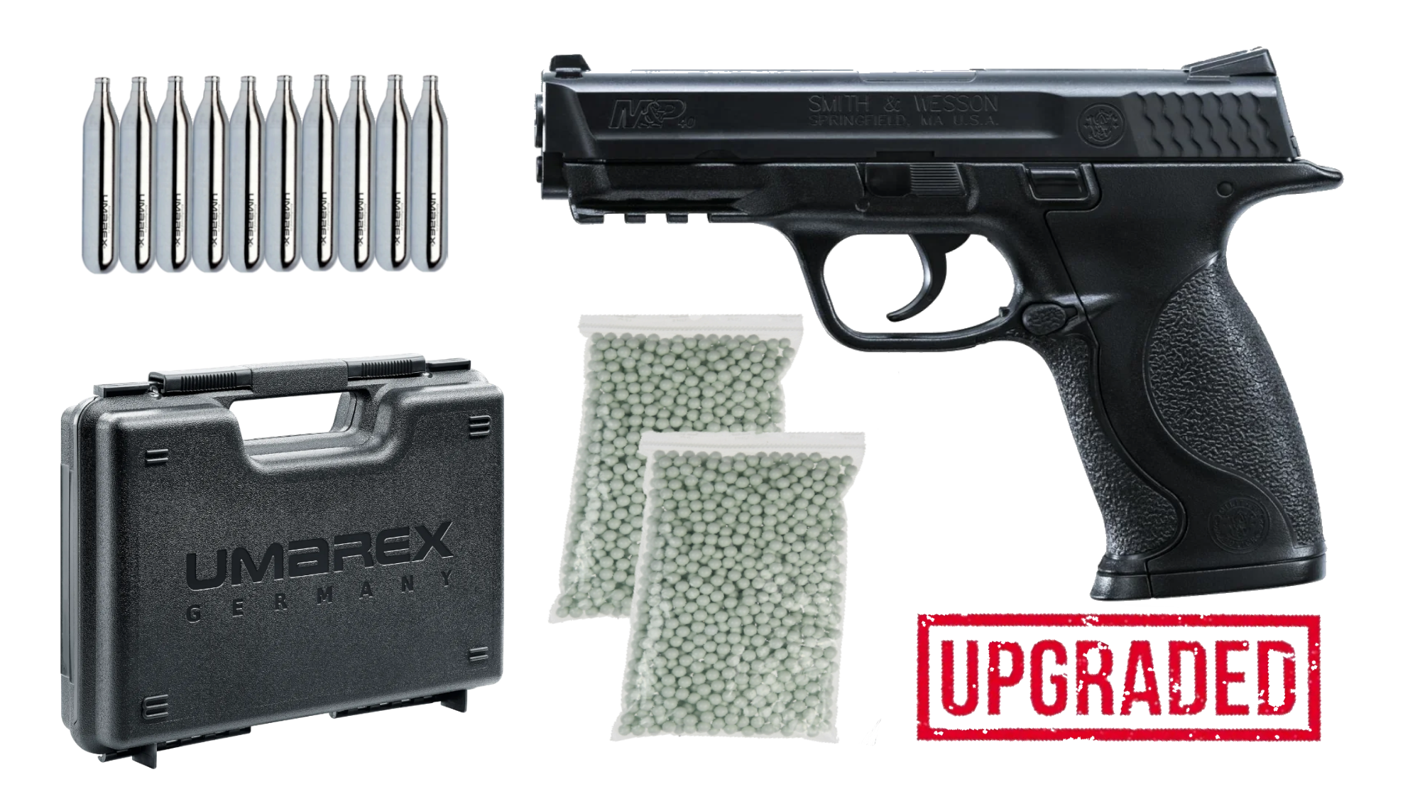 Set complet Pistol airsoft Smith & Wesson M&P40 Metalic Co2 NBB (Upgrade) + 1000 bile + 10 CO2 + cutie de transport
