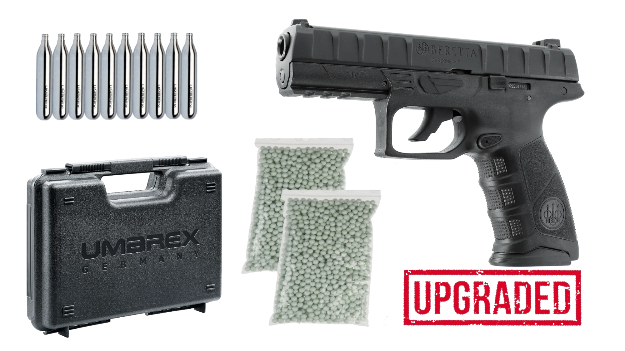 Set complet Beretta APX CO2 BlowBack UPGRADED + 1000 bile + 10 capsule CO2 + Cutie de transport