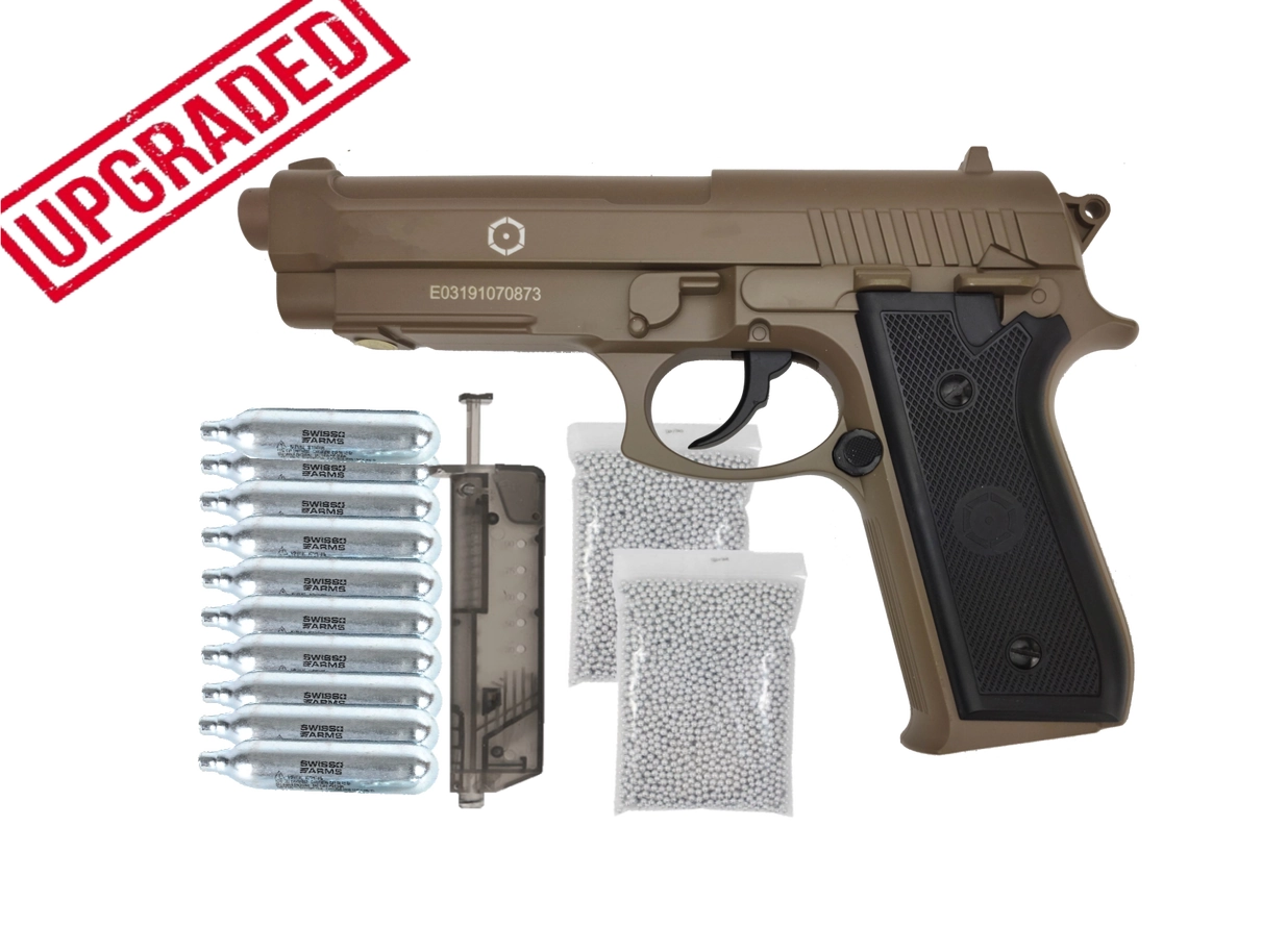 Pistoale fara Recul ( CO2 ) - SET Complet Pistol Airsoft CO2 PT92 TAN Full metal Upgraded 4J NBB