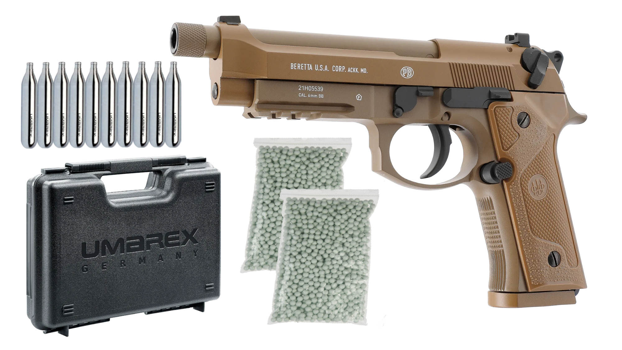 Pistoale cu Recul ( CO2 ) - Set complet Pistol Beretta MOD. M9A3 FM BB CO2 Tan + 1000 bile + 10 capsule CO2 + cutie de transport
