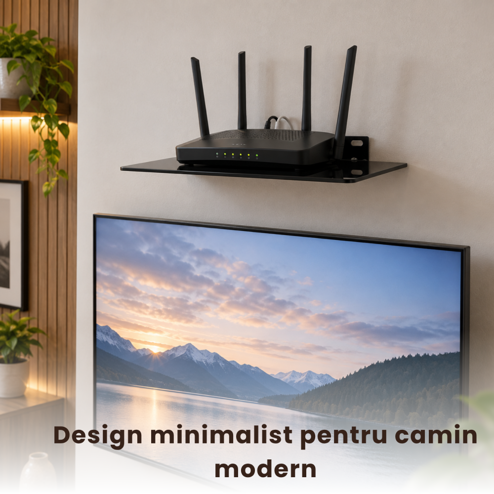 Raft de sticlă securizată pentru perete, suport TV pentru router, decodor, consolă și accesorii, 34,5 x 24 cm, max. 10 kg, suport metalic, montaj cu șuruburi, negru, pentru organizarea gadgeturilor [3]