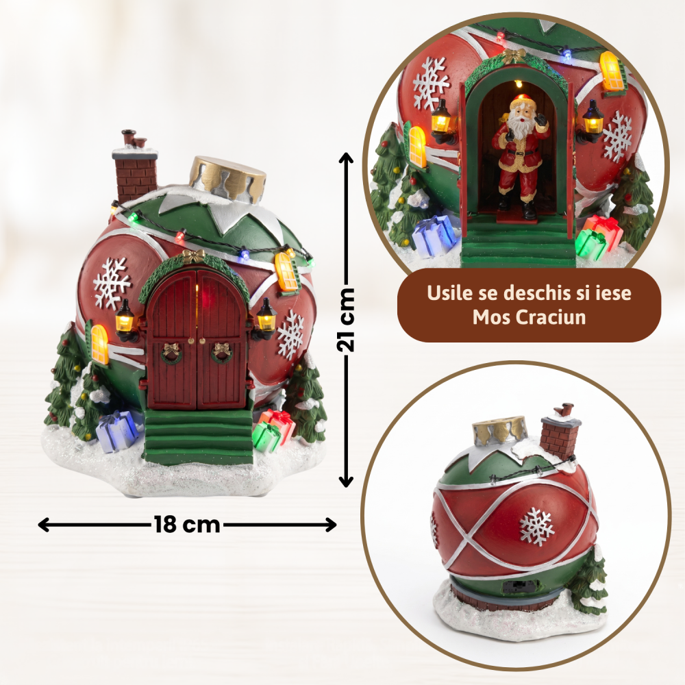 Decorațiune Crăciun căsuță cu Moș Crăciun animat, uși mobile, lumini LED și muzică, 21 cm [5]