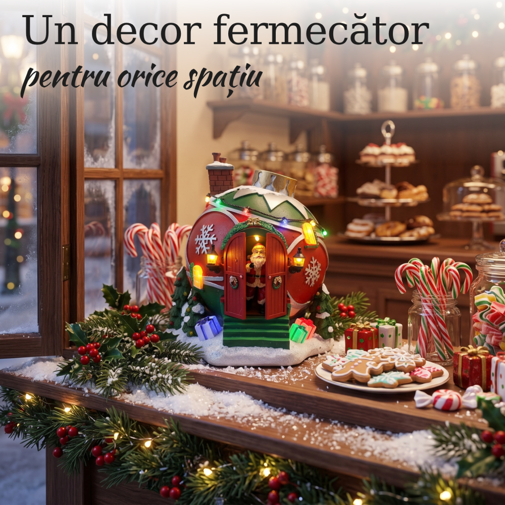 Decorațiune Crăciun căsuță cu Moș Crăciun animat, uși mobile, lumini LED și muzică, 21 cm [2]