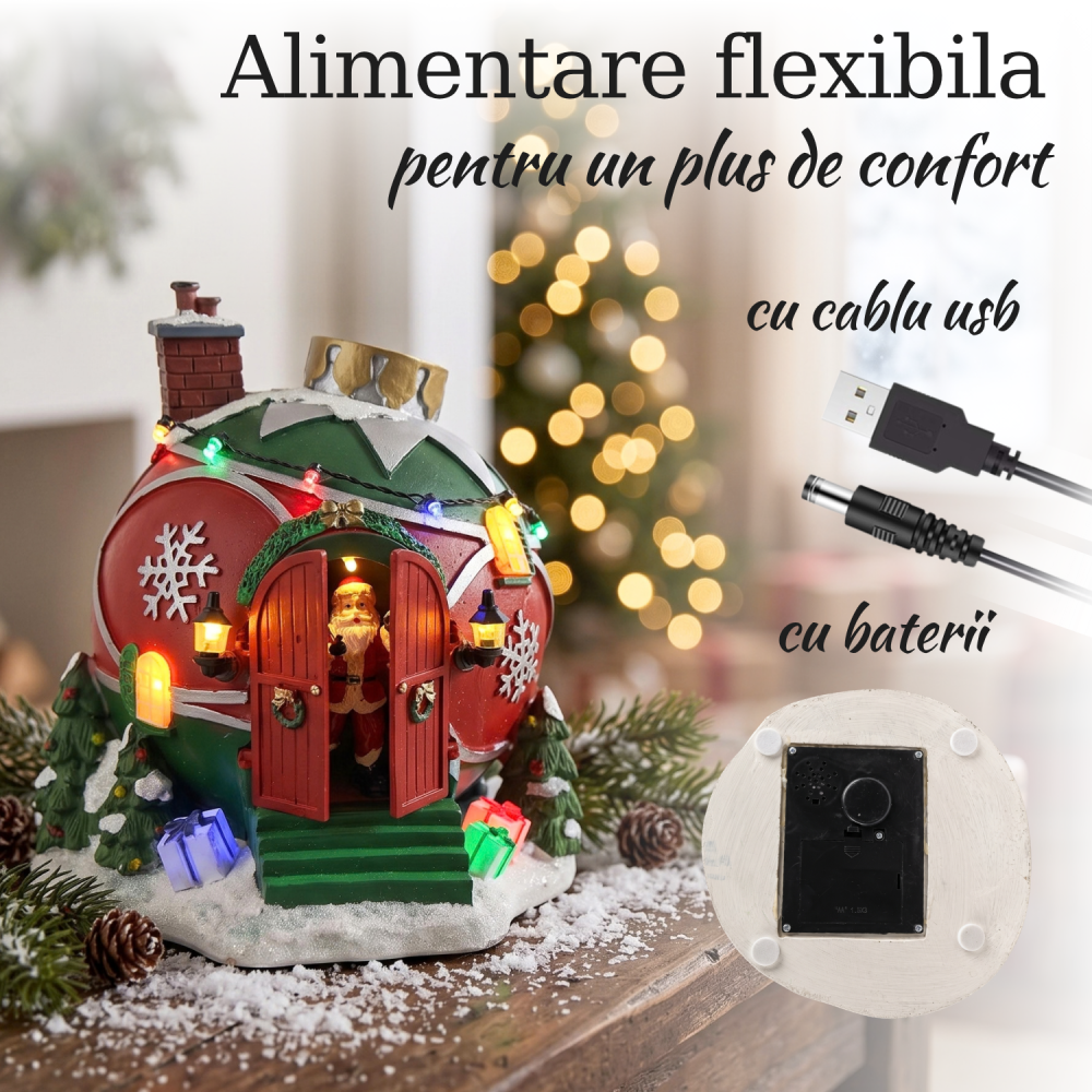 Decorațiune Crăciun căsuță cu Moș Crăciun animat, uși mobile, lumini LED și muzică, 21 cm [4]