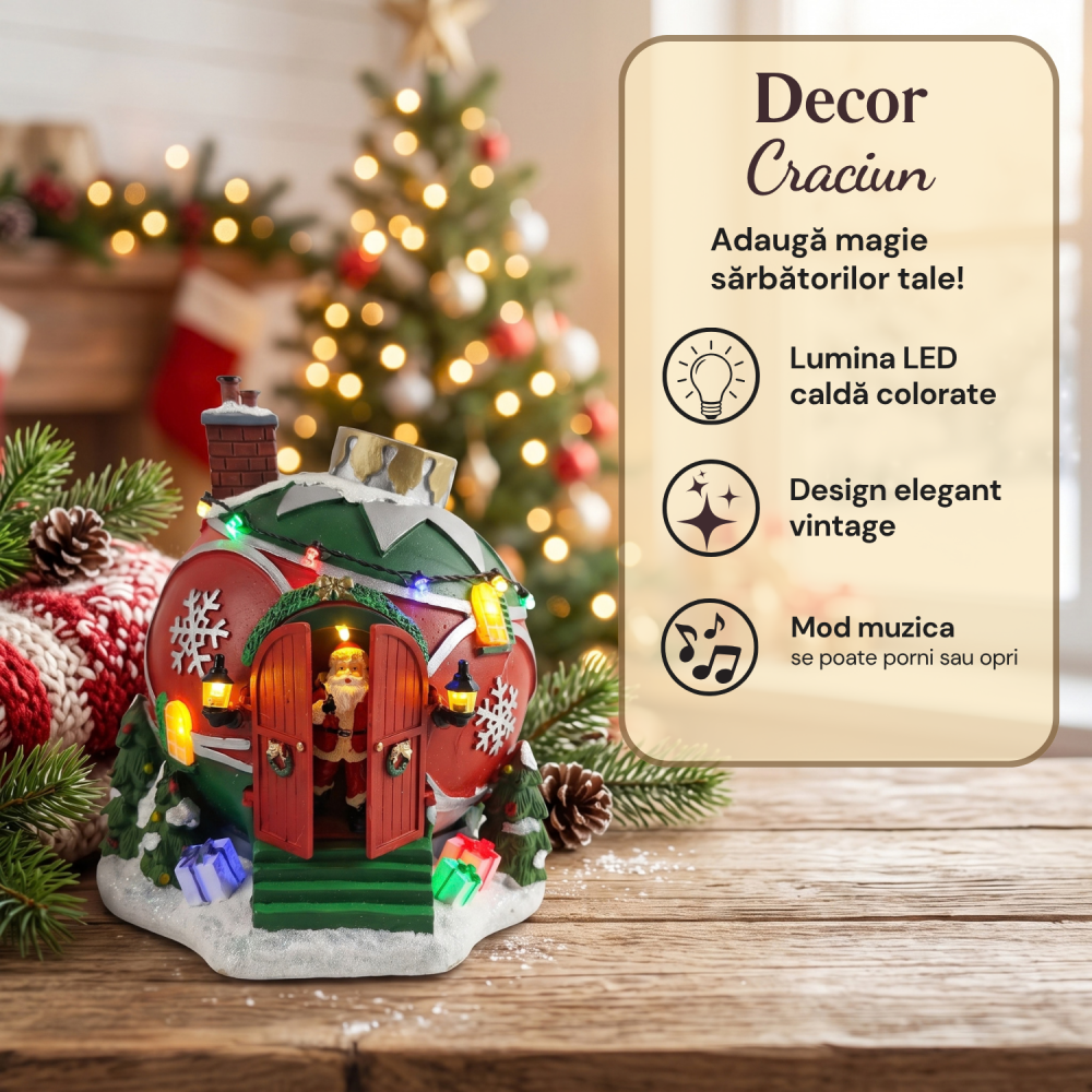 Decorațiune Crăciun căsuță cu Moș Crăciun animat, uși mobile, lumini LED și muzică, 21 cm [3]