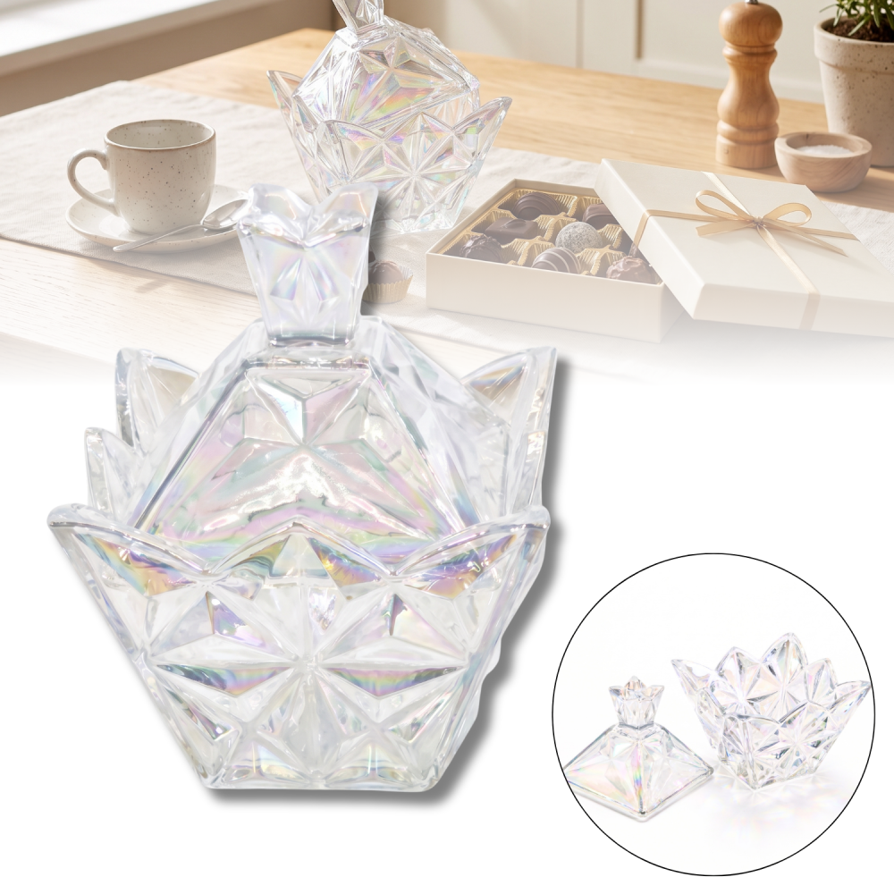Bomboanieră din sticlă model cristal 188 mm Delisoga, bol decorativ cu aspect de cristal pentru bomboane, ciocolată, fursecuri, nuci și fructe uscate, recipient pentru masa festivă și living [1]