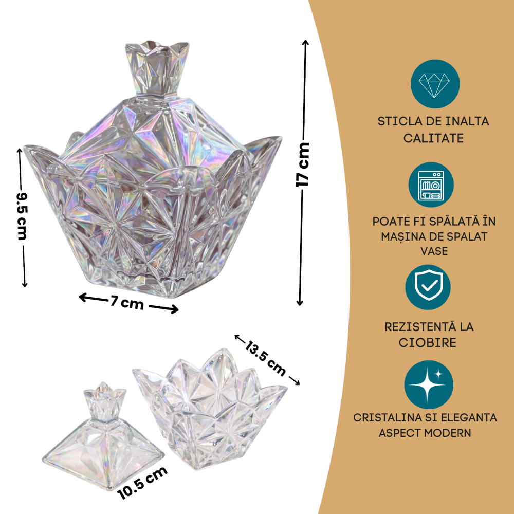 Bomboanieră din sticlă model cristal 188 mm Delisoga, bol decorativ cu aspect de cristal pentru bomboane, ciocolată, fursecuri, nuci și fructe uscate, recipient pentru masa festivă și living [4]