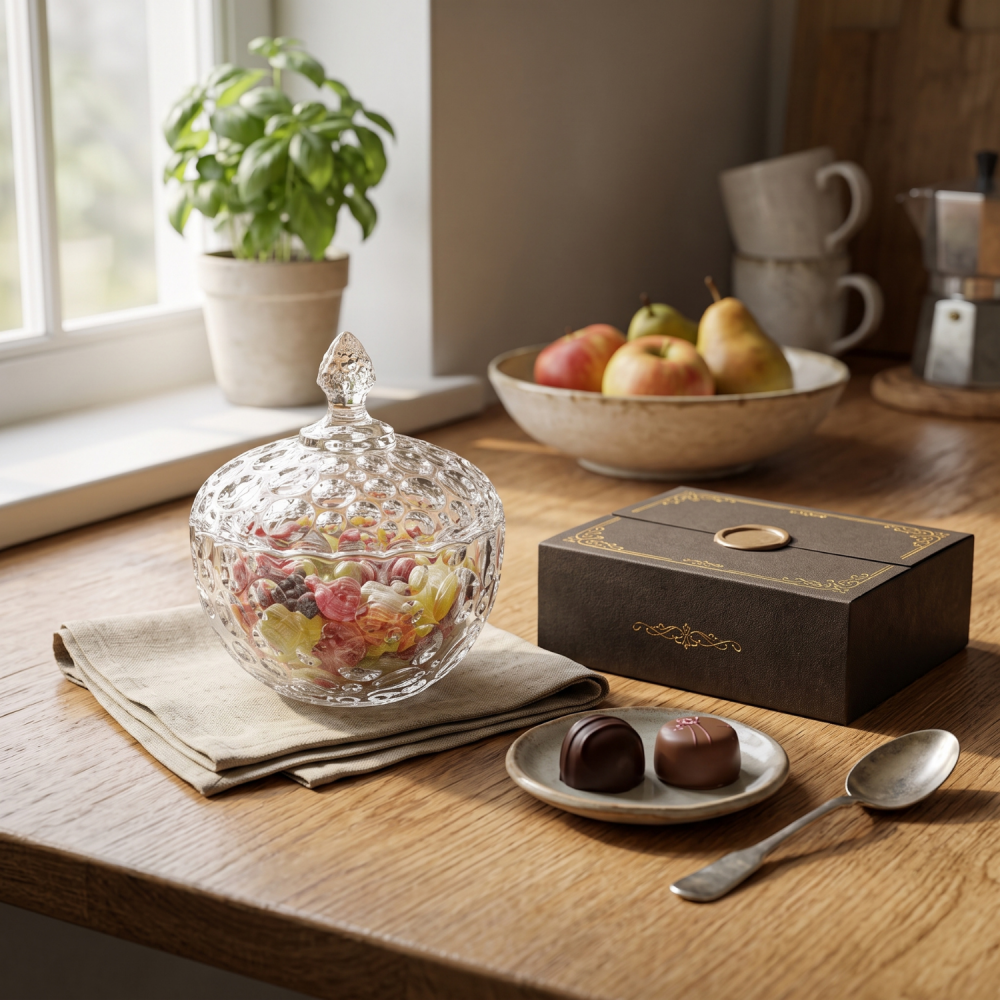 Bomboanieră din sticlă cu capac 120 mm Delisoga, model cu bule în relief, recipient pentru bomboane, ciocolată, biscuiți și fructe uscate, borcan decorativ transparent pentru masă și living [2]