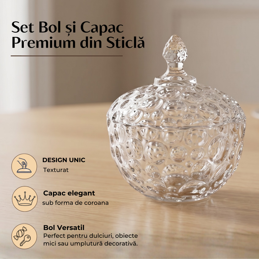 Bomboanieră din sticlă cu capac 120 mm Delisoga, model cu bule în relief, recipient pentru bomboane, ciocolată, biscuiți și fructe uscate, borcan decorativ transparent pentru masă și living [3]