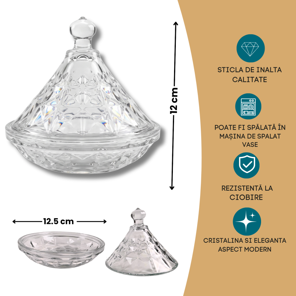 Bomboanieră din sticlă cu capac 126,5 mm Delisoga, bol cu capac pentru bomboane, ciocolată, rahat, biscuiți și fructe uscate, model în relief, sticlă transparentă, decor pentru masă și living [4]
