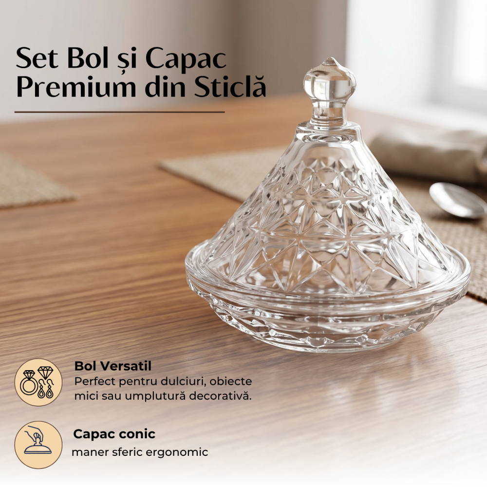 Bomboanieră din sticlă cu capac 126,5 mm Delisoga, bol cu capac pentru bomboane, ciocolată, rahat, biscuiți și fructe uscate, model în relief, sticlă transparentă, decor pentru masă și living [3]