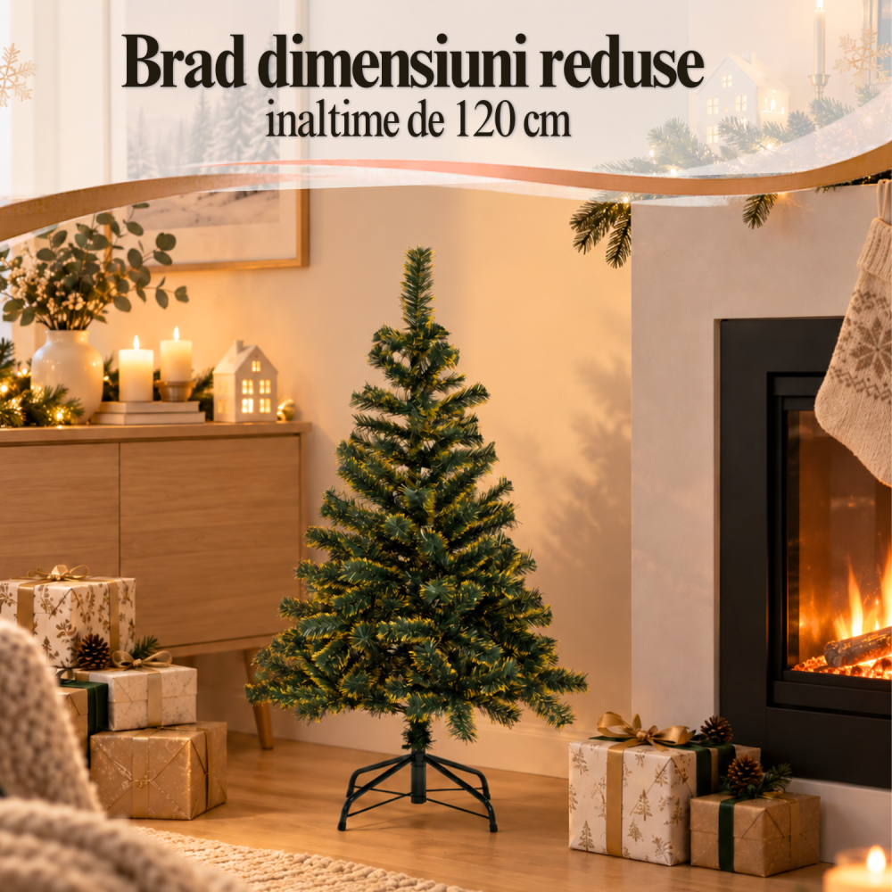 Brad de Crăciun artificial 120 cm verde cu vârfuri aurii, crengi PVC și suport metalic [3]
