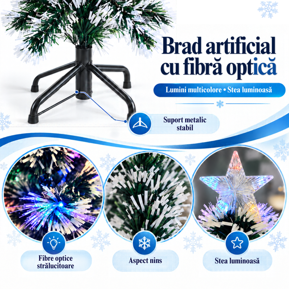 Brad artificial de Crăciun 90 cm cu fibră optică, lumini multicolore, aspect nins și stea luminoasă [5]