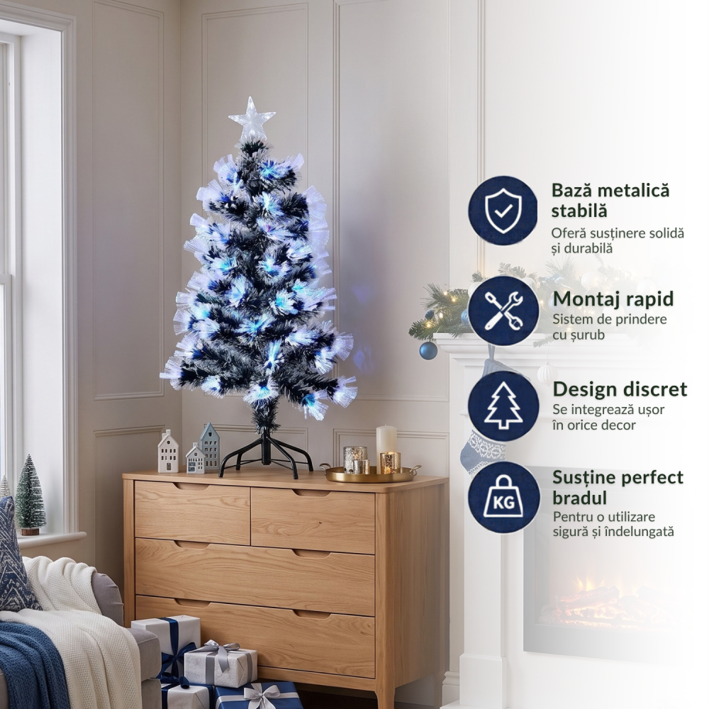 Brad artificial de Crăciun 90 cm cu fibră optică, lumini multicolore, aspect nins și stea luminoasă [3]