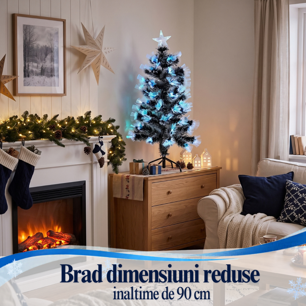 Brad artificial de Crăciun 90 cm cu fibră optică, lumini multicolore, aspect nins și stea luminoasă [2]