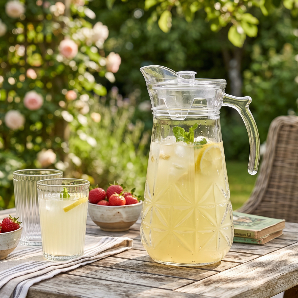 Carafă din sticlă cu capac 1,7 L Delisoga, carafă cu mâner pentru apă, suc, limonadă și ceai rece, sticlă transparentă cu model în relief, carafă de servire pentru masă, terasă și grădină [2]