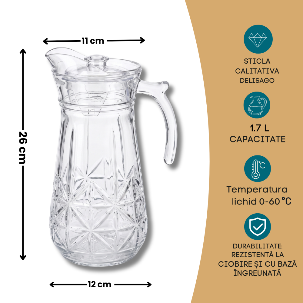Carafă din sticlă cu capac 1,7 L Delisoga, carafă cu mâner pentru apă, suc, limonadă și ceai rece, sticlă transparentă cu model în relief, carafă de servire pentru masă, terasă și grădină [4]