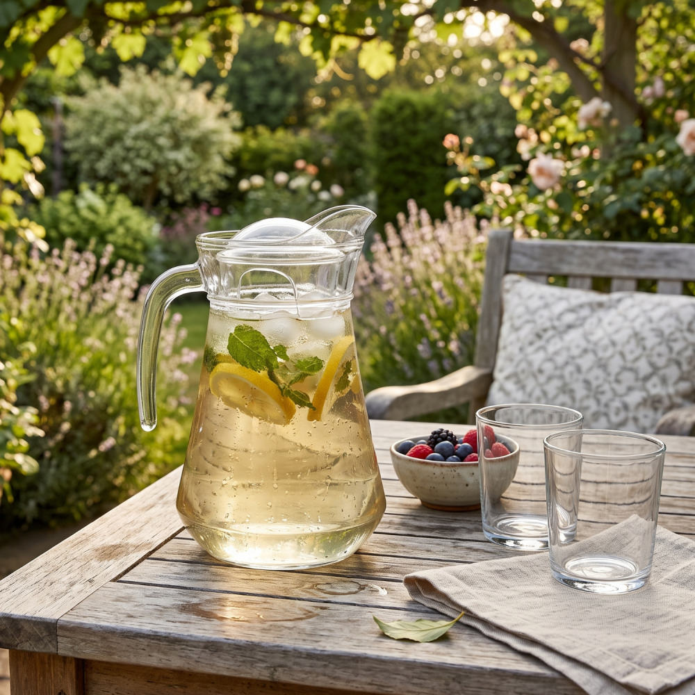 Carafă din sticlă 1,3 L Delisoga, carafă clasică cu mâner și cioc de turnare, pentru apă, suc, limonadă, vin și ceai rece, carafă transparentă de servire pentru masă, restaurant și terasă [2]