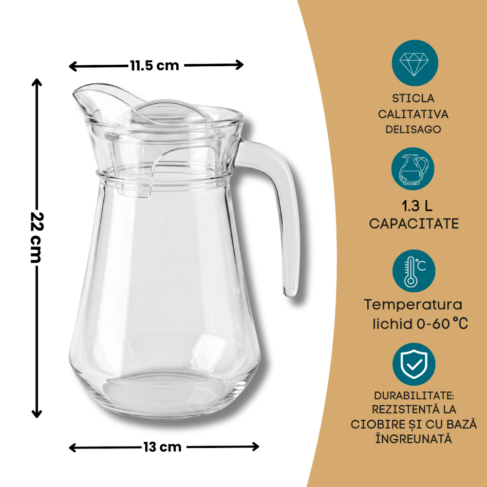 Carafă din sticlă 1,3 L Delisoga, carafă clasică cu mâner și cioc de turnare, pentru apă, suc, limonadă, vin și ceai rece, carafă transparentă de servire pentru masă, restaurant și terasă [4]
