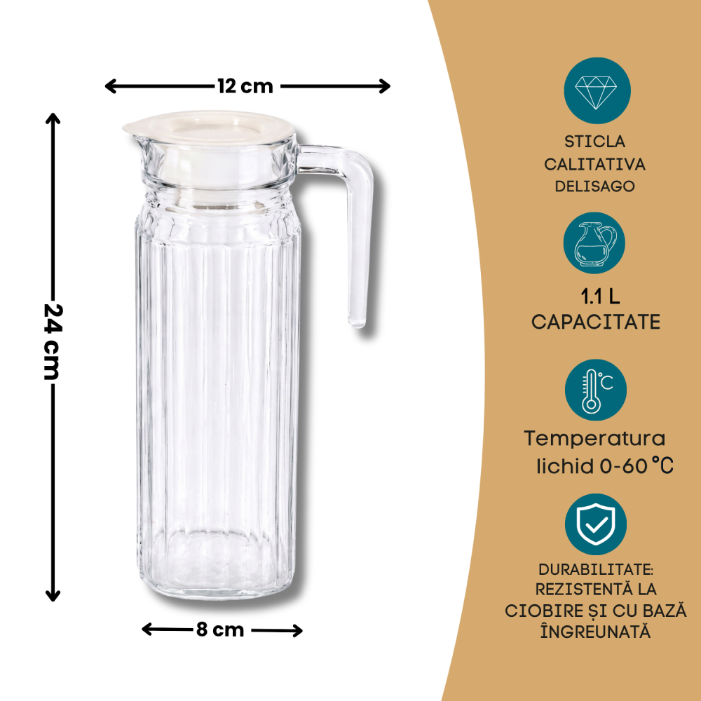 Carafă din sticlă cu capac 1,1 L Delisoga, carafă înaltă și îngustă cu mâner și model striat, pentru apă, suc, lapte, limonadă și ceai rece, carafă transparentă pentru masă, bucătărie și birou [4]