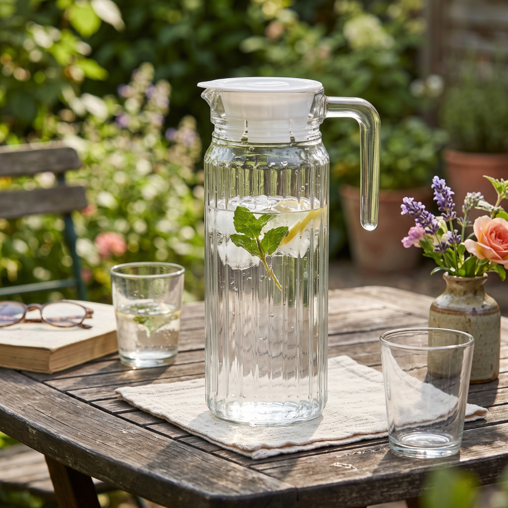Carafă din sticlă cu capac 1,1 L Delisoga, carafă înaltă și îngustă cu mâner și model striat, pentru apă, suc, lapte, limonadă și ceai rece, carafă transparentă pentru masă, bucătărie și birou [2]