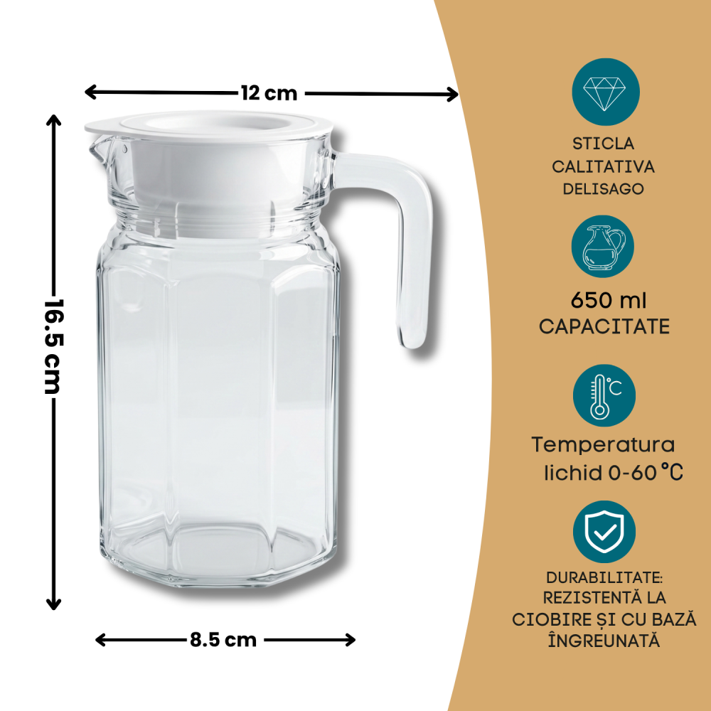 Carafă din sticlă cu capac 650 ml Delisoga, carafă mică cu mâner pentru apă, lapte, suc, cafea rece și ceai, carafă transparentă pentru micul dejun, birou, noptieră și masa de zi cu zi [4]