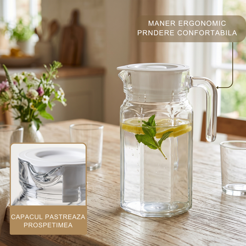 Carafă din sticlă cu capac 650 ml Delisoga, carafă mică cu mâner pentru apă, lapte, suc, cafea rece și ceai, carafă transparentă pentru micul dejun, birou, noptieră și masa de zi cu zi [3]