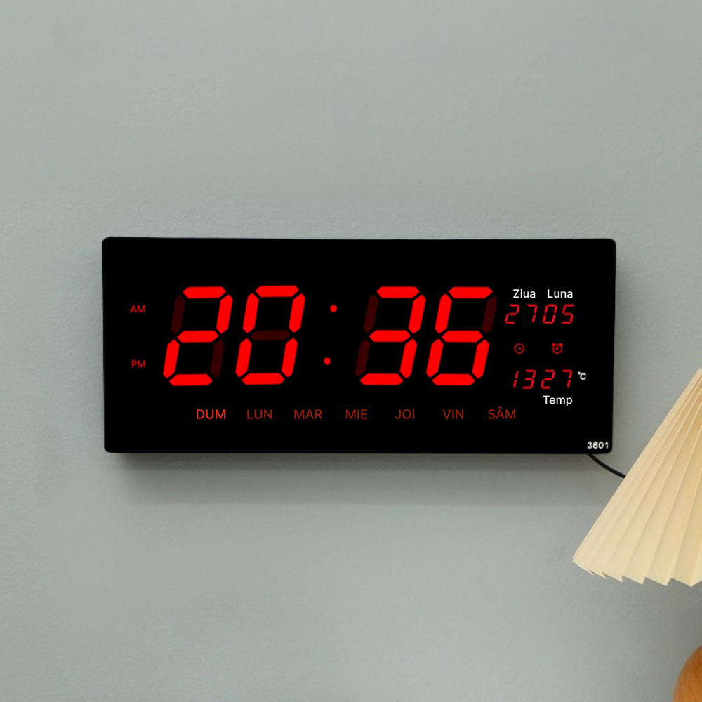 Ceas Digital de Perete cu Led, Cu Alarma, Calendar, Temperatura, Lumina Rosie, Alimentare 220V si USB [2]