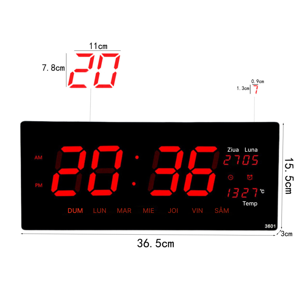 Ceas Digital de Perete cu Led, Cu Alarma, Calendar, Temperatura, Lumina Rosie, Alimentare 220V si USB [5]
